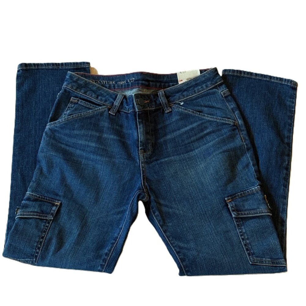 NWT Talbots Signature Denim Capri 4 / 27 Cargo Pockets Straight Leg DK Wash